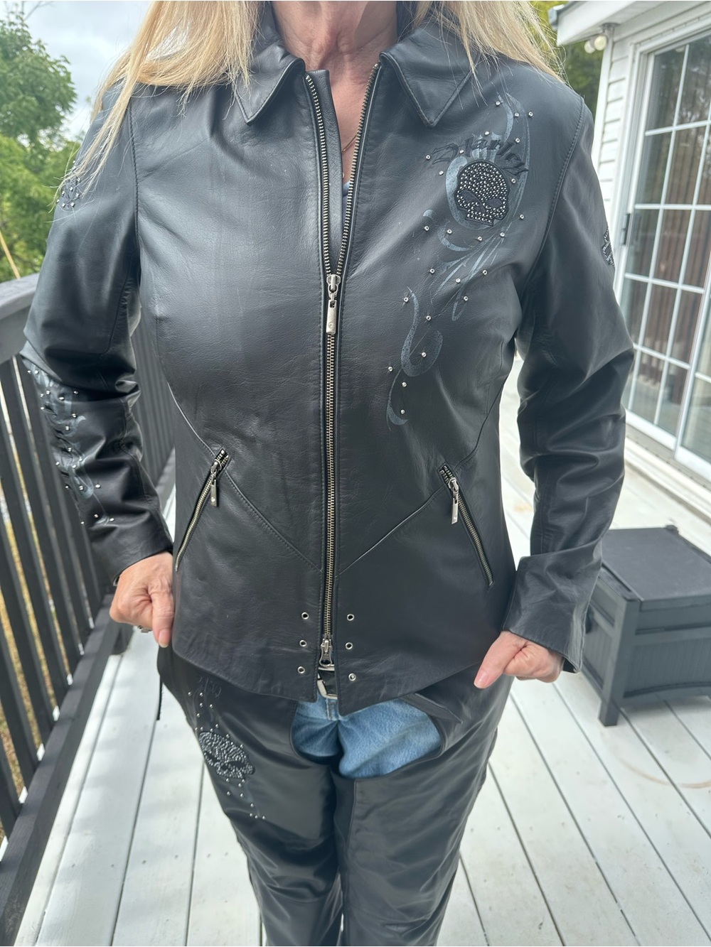 Harley-Davidson Black Studded Leather Zip Jacket and matching leather chaps